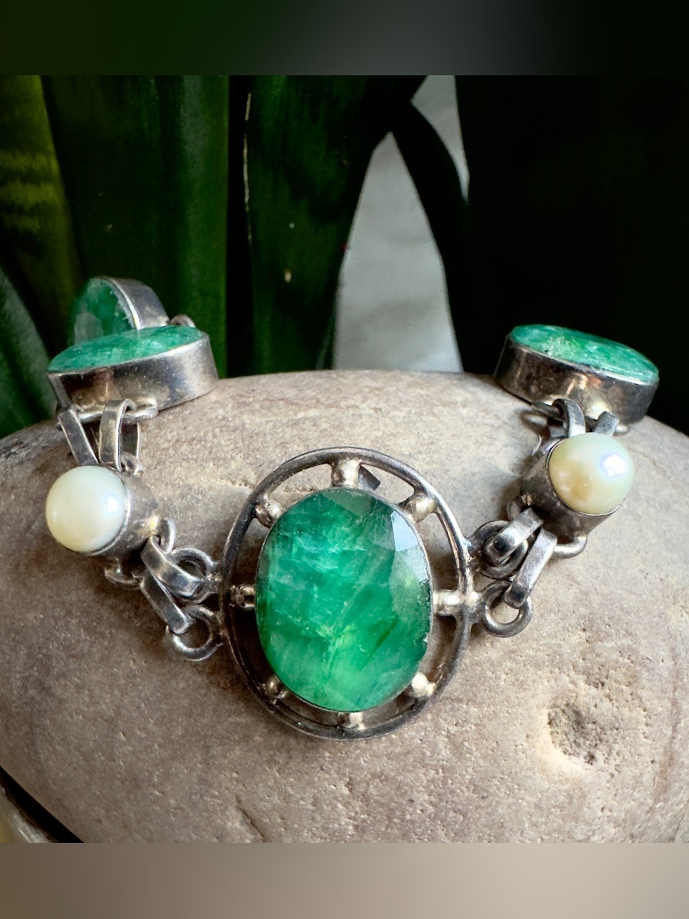 Sterling Emerald & Pearl Link Bracelet